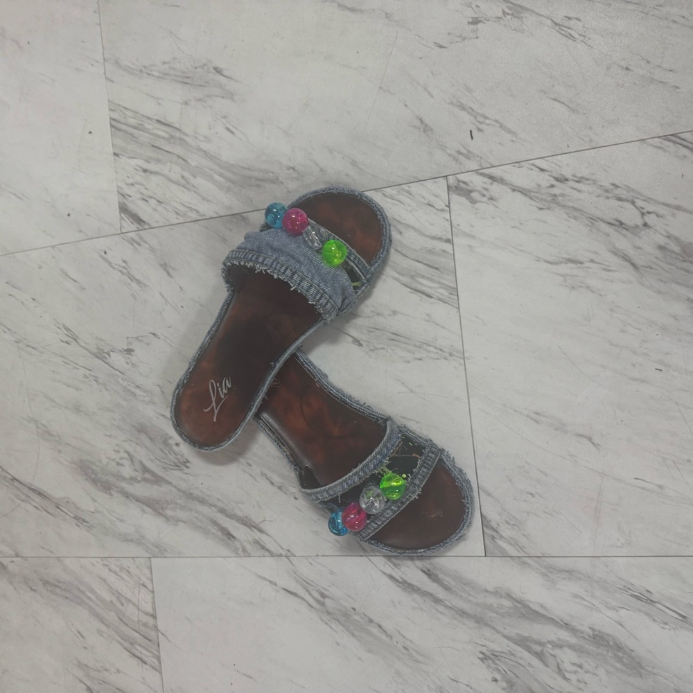 Women's Beaded Denim Slide Sandals - Blue